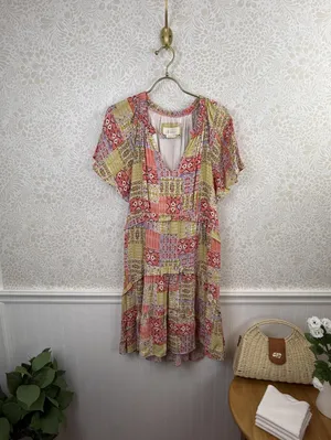Anthropologie Pink and Yellow Robin Tiered Patchwork Mini Dress - Size - Small thumbnail 3