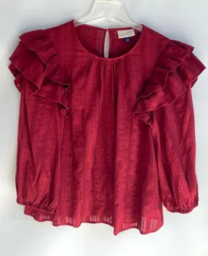 Deep red billowy sleeves ruffle shoulder blouse fall prairie boho peasant top L thumbnail 1