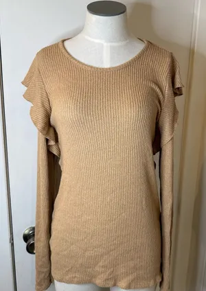 Lucky Brand Camel Ribbed Ruffle Sleeve knit sweater Lightweight Sz L thumbnail 1