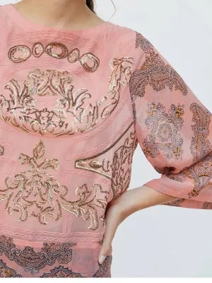 Anthropologie Ignacia Sheer Sequined Blouse Coral Gold Boho Top thumbnail 3