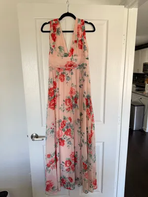 Lulus Blush Pink Floral Maxi Dress High Slit Wedding Guest Formal Size L thumbnail 2