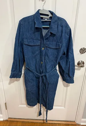 Women's Dark Blue Denim Belted Jacket Size XL thumbnail 1