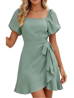 Mint Green Puff Sleeve Ruffle Mini Dress Square Neck Wrap Tie Side‎ Split Large thumbnail 1