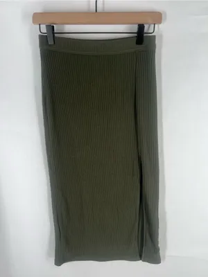 Abercrombie & Fitch Olive Green Ribbed Midi Skirt with Side Slit thumbnail 2