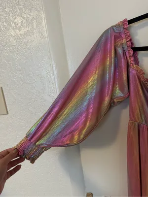 Show Me Your Mumu Downtown Mini Dress Rainbow Sunset Shine Iridescent Size L thumbnail 3