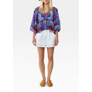 Hunter Bell Women Grayson Linen Patchwork V-Neck Top Medium Blue Mosaic Peplum thumbnail 6