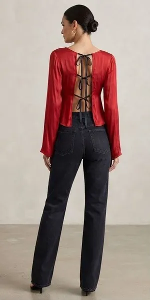 Free People Women Top S Red Rubies Open Back Tie Detail Long Sleeve Satin Blouse thumbnail 1