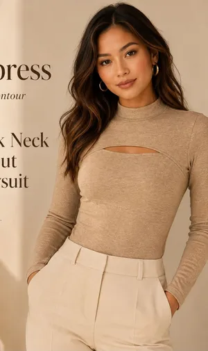 Express Body Contour Cozy Mock Neck Cutout Bodysuit Tan Size S NWT thumbnail 1
