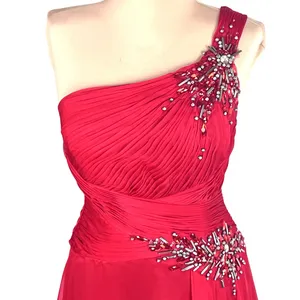 VTG Flowy Red Chiffon One Shoulder Rhinestone Prom Evening Gown XS Train thumbnail 3