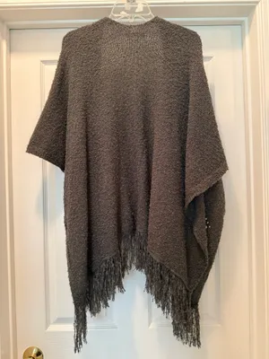 Riah Fashion Cozy Fringe Knit Cardigan Poncho - Charcoal Gray thumbnail 2