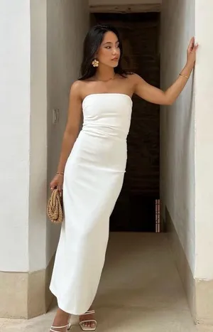 Zara dress bodycon strapless sleeveless tailored midi white wedding party thumbnail 1