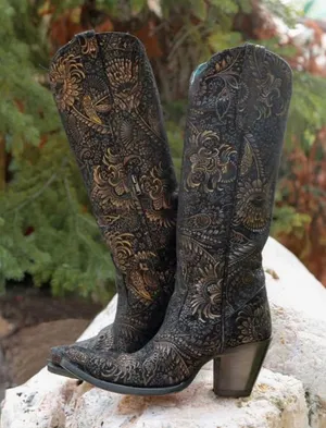 Corral women’s gold stamped floral black suede snip toe cowboy boot size 8.5 thumbnail 1