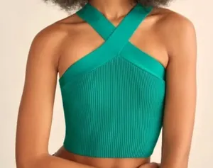 Green Ribbed Halter Crop Top‎ Womens M Cross Front Festival Summer thumbnail 1