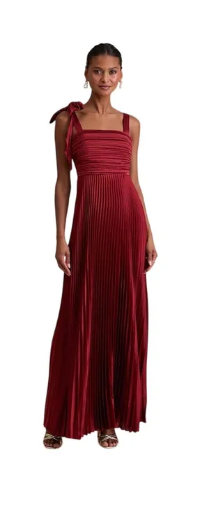 Lulus Gorgeous Purpose Satin Pleated Sleeveless Bow Maxi Dress Red Size XS NWT thumbnail 1