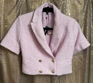 Express Pastel Spring Pink Tweed Double-Breasted Cropped‎ Blazer XS NWT thumbnail 1