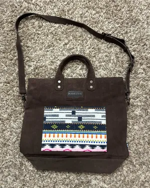 Pendleton Brown Suede Messenger Tote with Multicolor Patterned Pocket and back thumbnail 1