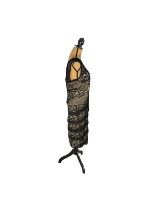 Blu Sage Black Nude Lace Cocktail Dress 16 Tiered Pleated Waist Wedding Guest thumbnail 2