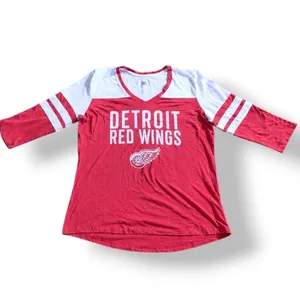 Fanatics NHL Detroit Red Wings Womens Red White V-Neck 3/4 Sleeve Graphic Top Large thumbnail 2
