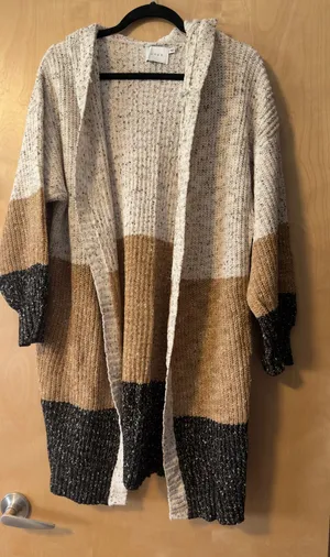 Lush Clothing Colorblock Open-Front Cardigan in Cream, Tan & Black thumbnail 1