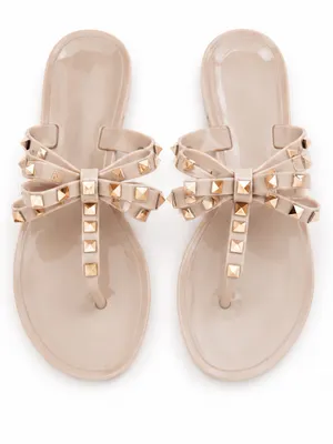 Wild Diva Nude Jelly Sandals Gold Pyramid Stud Bow Flats thumbnail 2