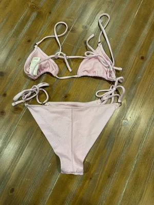 Aerie Shine Rib Bikini Swim Set Medium String Triangle Top & Bottom Pink NWT thumbnail 4