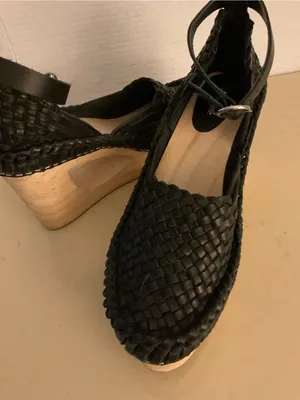 Free People women Black leather Woven Ankle-Strap Platform Wedges sandals US 8 thumbnail 3