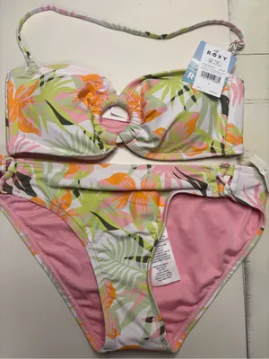 Roxy Floral Illusion Pink Bandeau O-Ring Bikini Set Tropical Size Small New Swim thumbnail 2