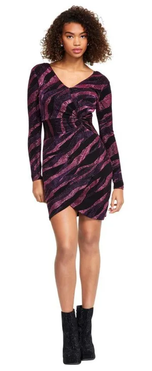 NWT Siena Womens V Neck Metallic Side-Twist Long-Sleeve Dress Purple Multi 0 thumbnail 1