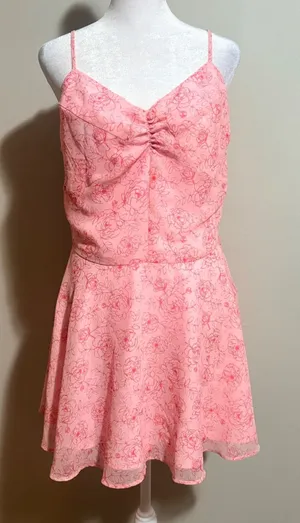 Urban Outfitters Over the Horizon Mini Dress M Pink Floral Chiffon Fit and Flare thumbnail 1