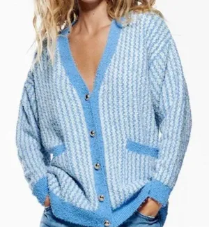 ZARA Blue Chunky Oversized Tweed Striped Button Cardigan Sweater Size S thumbnail 1