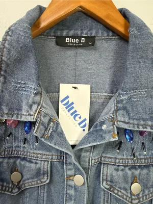 Blue B Collection Denim Jacket with Colorful Rhinestones and Spikes, Size M thumbnail 4