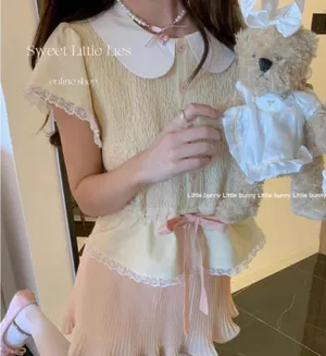 Pastel Yellow Japanese Kawaii Ballet Cottage Pink Ribbon Button Down Shirt Top thumbnail 5