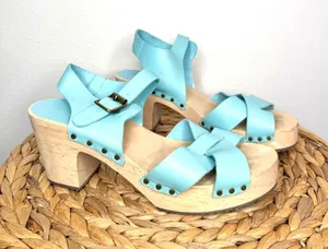 Loft Leather Platform Clog Sandals Buckle Strap Light Blue Criss cross strap thumbnail 1