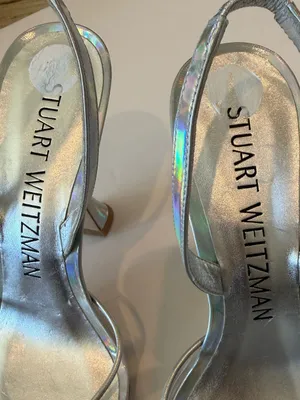 STUART WEITZMAN Xcurve Slingback Iridescent Silver & Clear Pointed Toe Pumps 9 thumbnail 12
