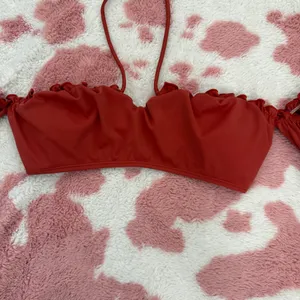 Rust Red Puff Sleeve Bikini Top Size S | Padded Bra Cups | Ruffle Trim Swimwear thumbnail 4