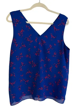 Ann Taylor Factory Tank Top Blue L Womens Floral V-Neck Sleeveless‎ Blouse thumbnail 1