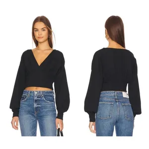 Free People We the Free All Nighter Long Sleeve Surplice Crop Top Size Medium thumbnail 2