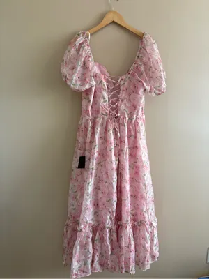 Lulus Sincerely Wondrous Pink Floral Puff Sleeve Tiered Midi Dress Size XL NWT thumbnail 6