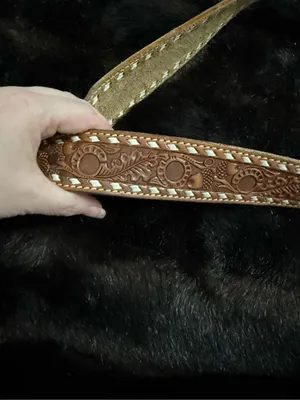 Vintage Tooled Cowhide Belt Tex tan 34” Floral Tan Gold Leather fall acorn leave thumbnail 7