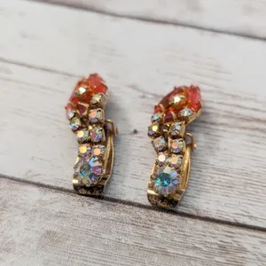 Vintage Clip On Earrings - Unusual Statement Orange & Iridescent Gems thumbnail 5