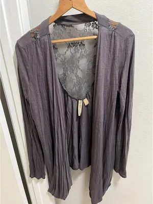Y2K Eyeshadow Long Gray Lace Trim Open Front Cardigan Sz M thumbnail 1