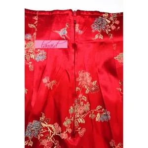 Chinese Oriental Asian Japanese Red Floral High-Rise Waist Shiny Sateen Slacks thumbnail 5