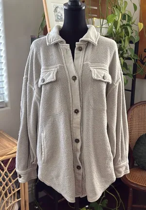 Free People Ruby Light Gray Cozy Fleece Button Up Classic Preppy Boho Shacket thumbnail 1