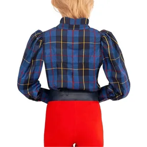 Gretchen Scott Plaid Puff Sleeve Blouse Women Medium Blue Excellent Tartan Top thumbnail 2