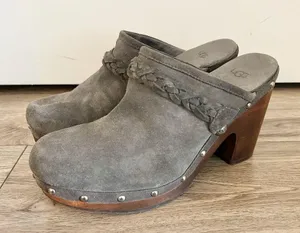 UGG Australia Dark Gray Fleece Kaylee Wooden Platform Clogs Size 9 thumbnail 5