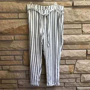 American Eagle Straight Leg Belted Elastic Waist Pants White Blue Stripe Large thumbnail 2