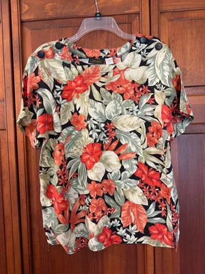 Vintage Baroness Button-Shoulder Tropical Floral Tunic - Black with Red & Green thumbnail 1