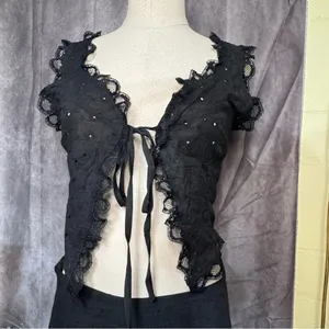 2 Pc Set Eyelet Embroidery Lace Tie Front Crop Top and Mini Skirt Set Summer thumbnail 2