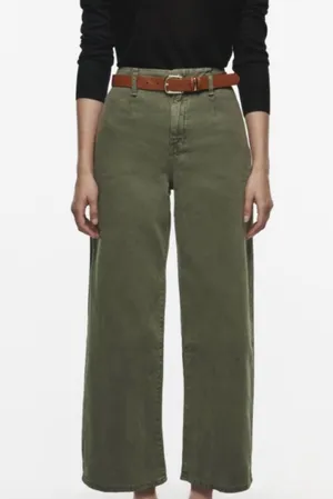 NWT ZARA Wide Leg Cropped Jean Pants Sz 0 Army Olive Green High Rise thumbnail 1