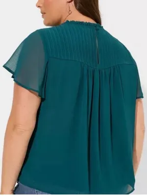 Torrid NWT Deep Teal Chiffon Smocked Pin Tuck Flutter Short Sleeve Blouse Top thumbnail 3